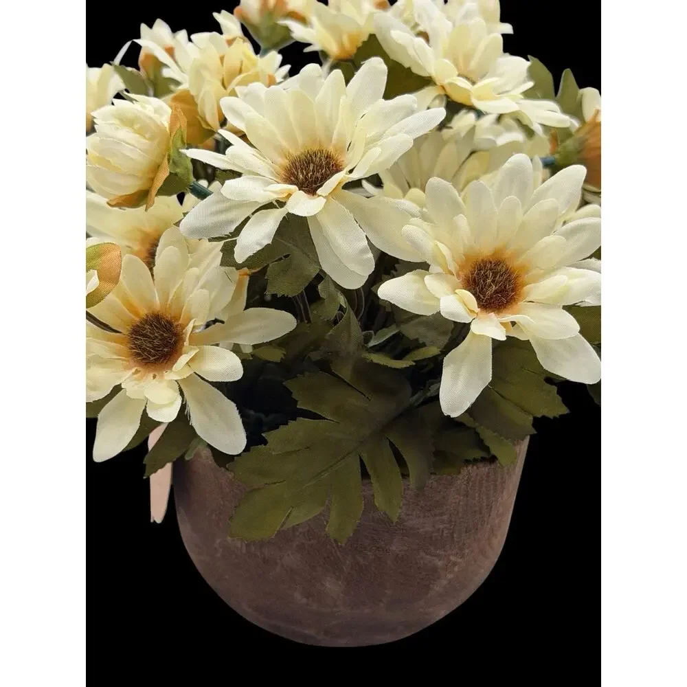 Silkcraft Of Oregon Faux Daisies Flower Arrangement Rustic Carved Wood Planter